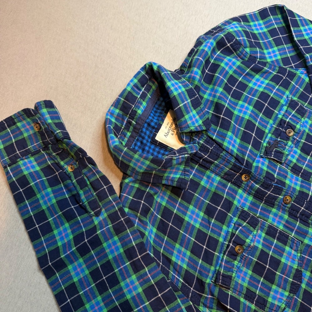 Abercrombie & Fitch Mens Blue Green Plaid Flannel Button Down Shirt Size M